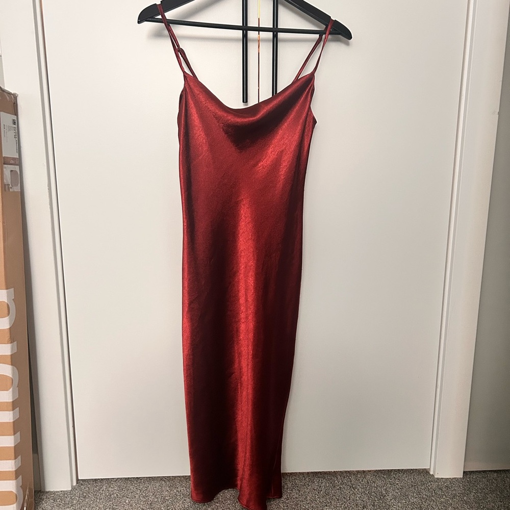Lulu's Shimmering Copper Satin Midi Slip Dress